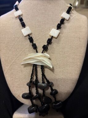 Unique & bold Handcrafted Black and White Bead, Stone & shell Necklace.